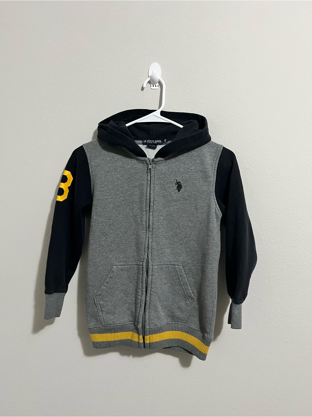 U.S. Polo Assn. Grey Hoodie with Black Sleeves and Yellow Accents
